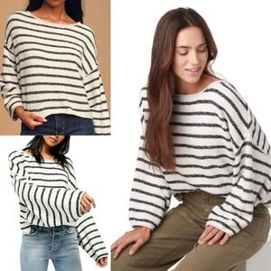 Free People Bardot Oversized Ivory Striped Textured Cropped Spring Sweater Sz L